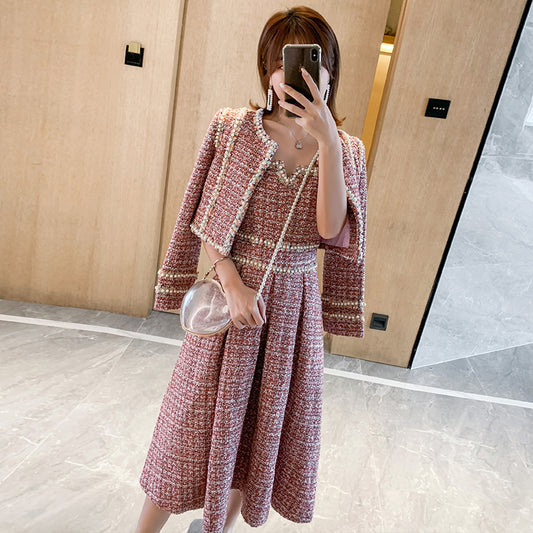 Fashion Ladies Bright Silk Tweed Stitching Ribbon Dress Suit
