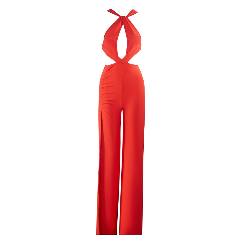 Red jumpsuit with halter neck design on a white background