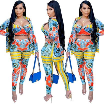 Milk silk digital printing sleeveless pants suit