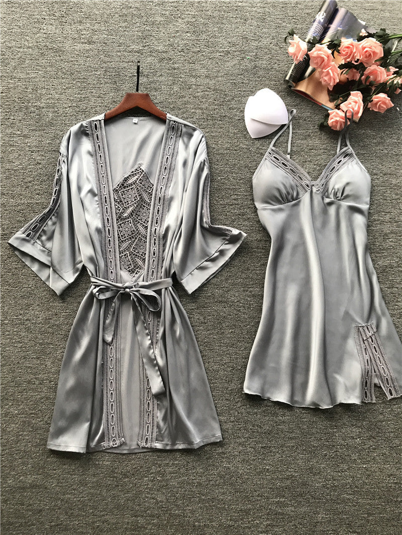 Two-piece ice silk long sleeve pajamas