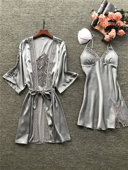 Two-piece ice silk long sleeve pajamas