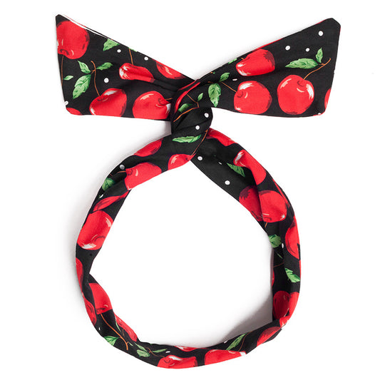 Red cherry print poplin rabbit headband silk scarf scarf