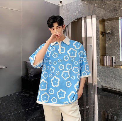 Satin silk contrast flower T-shirt