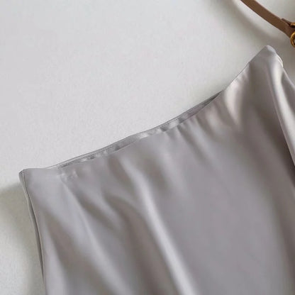 Summer Women Golden Satin Skirt Long Shiny Silk