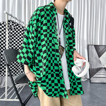 Men's Ice Silk Jacket With Checkerboard Three Quarter Sleeve Shirt