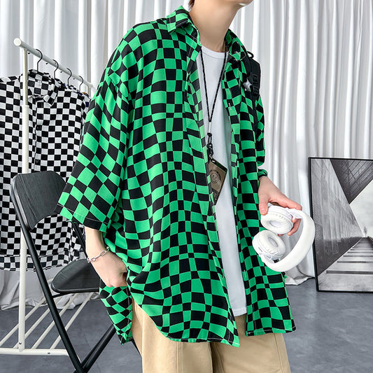 Men's Ice Silk Jacket With Checkerboard Three Quarter Sleeve Shirt
