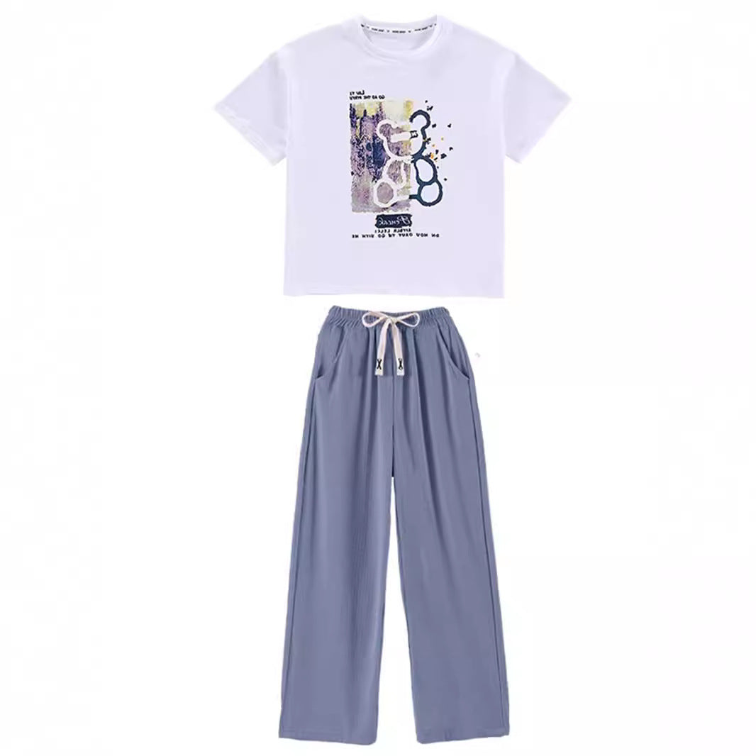 Girls' Ice Silk Wide-leg Pants Two-piece Suit