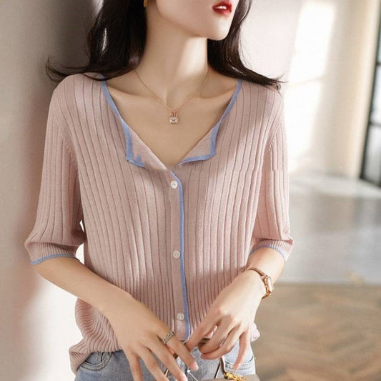 Loose V-Neck Mid-Sleeve Ice Silk Knit Cardigan Top