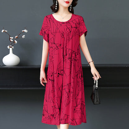 Plus Size Middle-aged And Elderly Cotton Silk Meat-covering Dress