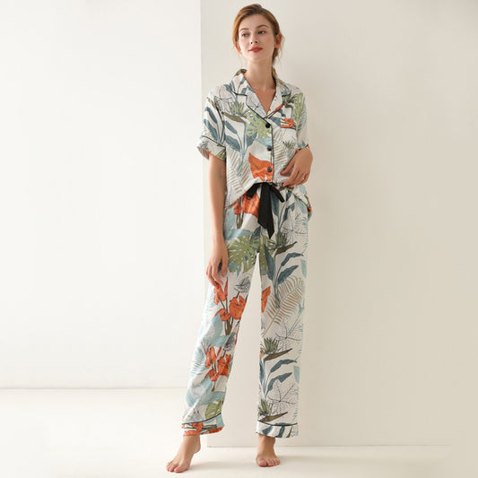 Pajamas leaf print summer short-sleeved silk pajamas with lace