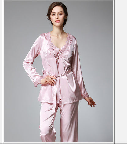 Three-piece Silk Pajamas Women's Spring Long-Sleeved Trousers