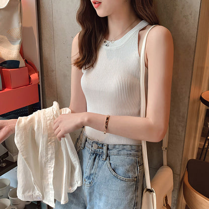 Short Knitted Ice Silk Sleeveless T-shirt With Halter Inside
