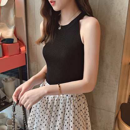 Short Knitted Ice Silk Sleeveless T-shirt With Halter Inside