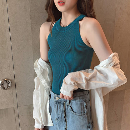 Short Knitted Ice Silk Sleeveless T-shirt With Halter Inside