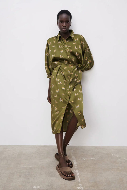 New Women's Silk Satin Texture Fashionable Printed Shirt Dress