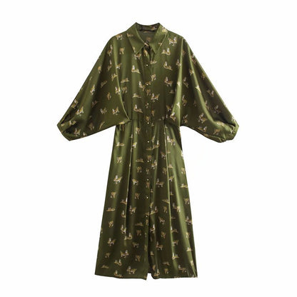 New Women's Silk Satin Texture Fashionable Printed Shirt Dress