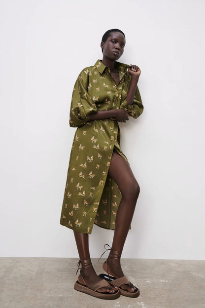 New Women's Silk Satin Texture Fashionable Printed Shirt Dress