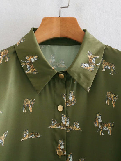 New Women's Silk Satin Texture Fashionable Printed Shirt Dress