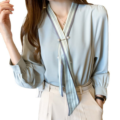 V-neck Streamer Fashion OL Goddess Fan Sang Silk Shirt