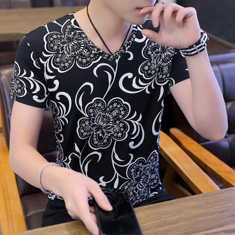 Men'S Ice Silk Flower v-Neck Short-Sleeved Top