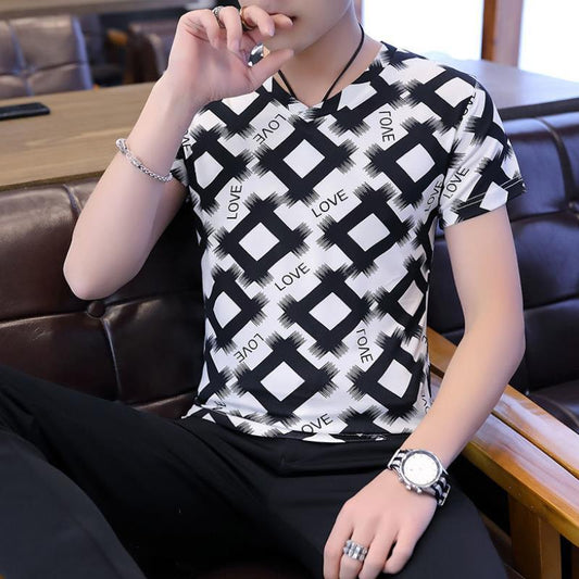 Men'S Ice Silk Flower v-Neck Short-Sleeved Top
