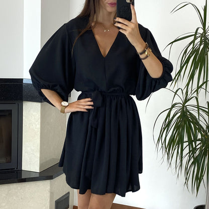 V-neck Tie Three-quarter Sleeve Ice Silk Dress