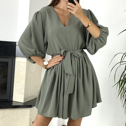 V-neck Tie Three-quarter Sleeve Ice Silk Dress