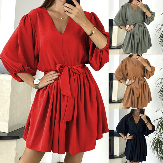 V-neck Tie Three-quarter Sleeve Ice Silk Dress