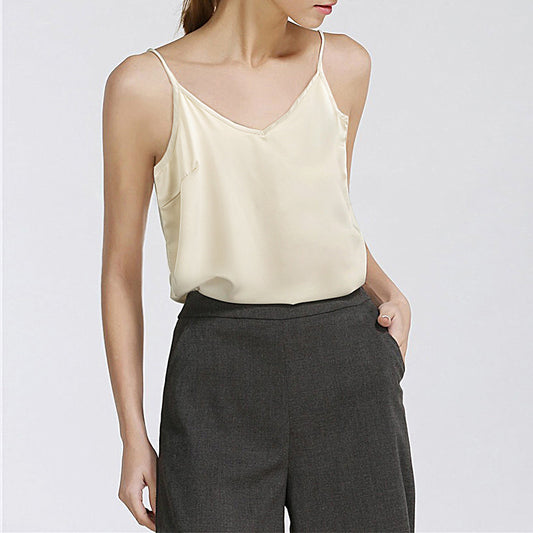 Ice Silk Suspenders With a Top Imitation Silk V-Neck Satin Black Bottoming Shirt Glossy And Smooth Vest