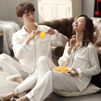 Couple Pajamas Women Spring And Autumn Ice Silk Long-Sleeved Suit Men'S Simulation Silk Home Service Thin White