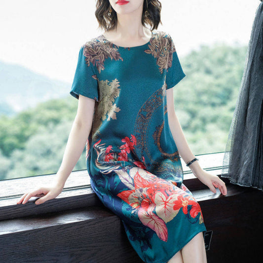 Cool Imitation Ice Silk Mid-Length Mother'S Dress