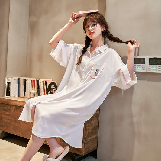 New Style Shirt Dress Cute Cartoon Silk Loose Nightdress Home Service