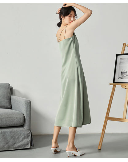Acetate satin dress V-neck slim high-end temperament silk suspender skirt