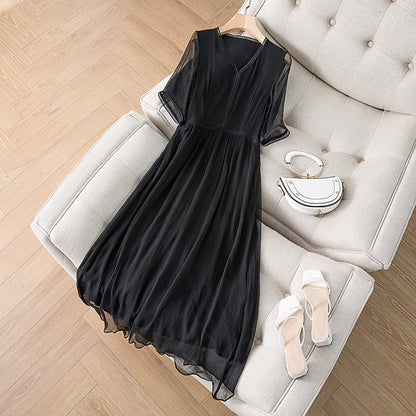 Silk V Neck Five Point Sleeve Dress