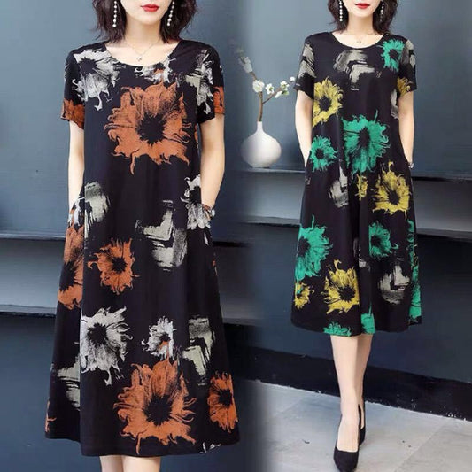 Fashion Printed Loose Cotton Silk Dress