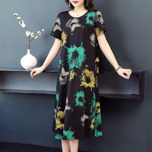 Fashion Printed Loose Cotton Silk Dress