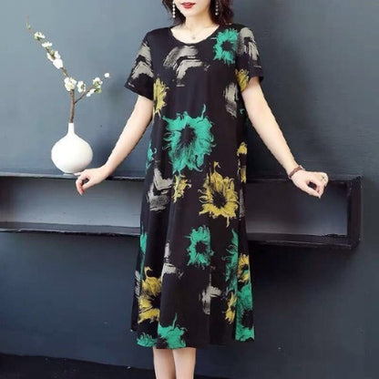 Fashion Printed Loose Cotton Silk Dress