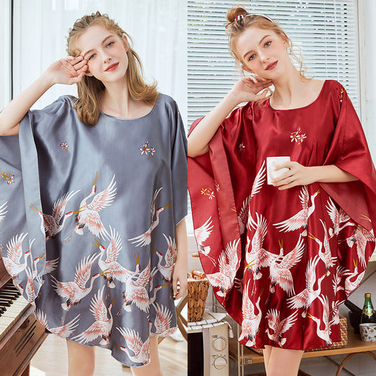 Yaoting Ice Silk Silk Pajamas Ladies Summer Bat Sleeve Nightdress Female Summer Plus Size Home Service Dp1335