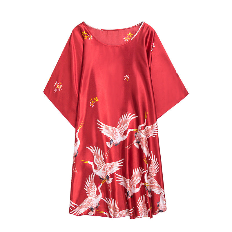 Yaoting Ice Silk Silk Pajamas Ladies Summer Bat Sleeve Nightdress Female Summer Plus Size Home Service Dp1335