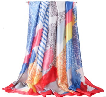 Printed Lady'S Scarf With Silk Satin Line And Colour Block