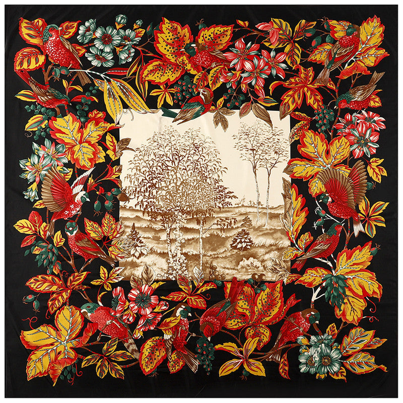 Women'S Scarves Jungle Flower And Bird Print  Twill Silk Simulation Square Scarf Shawl Scarf