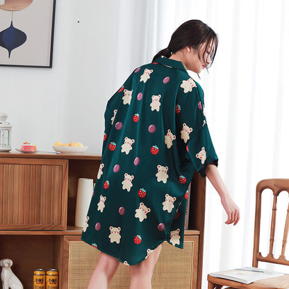 Summer New Ice Silk Nightdress  Silk Shirt Skirt Pajamas Home Service