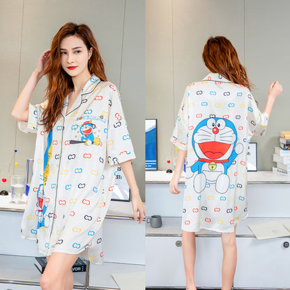 Summer New Ice Silk Nightdress  Silk Shirt Skirt Pajamas Home Service