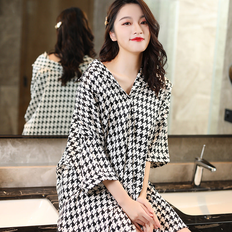 Summer New Ice Silk Nightdress  Silk Shirt Skirt Pajamas Home Service