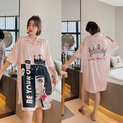 Summer New Ice Silk Nightdress  Silk Shirt Skirt Pajamas Home Service