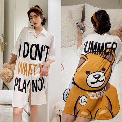 Summer New Ice Silk Nightdress  Silk Shirt Skirt Pajamas Home Service