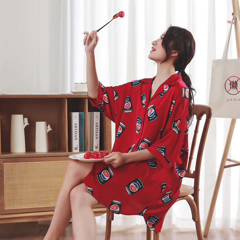 Summer New Ice Silk Nightdress  Silk Shirt Skirt Pajamas Home Service