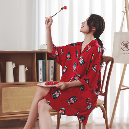 Summer New Ice Silk Nightdress  Silk Shirt Skirt Pajamas Home Service