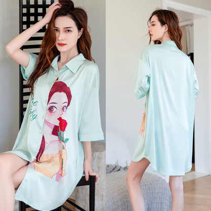 Summer New Ice Silk Nightdress  Silk Shirt Skirt Pajamas Home Service