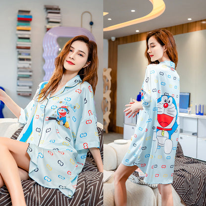 Summer New Ice Silk Nightdress  Silk Shirt Skirt Pajamas Home Service